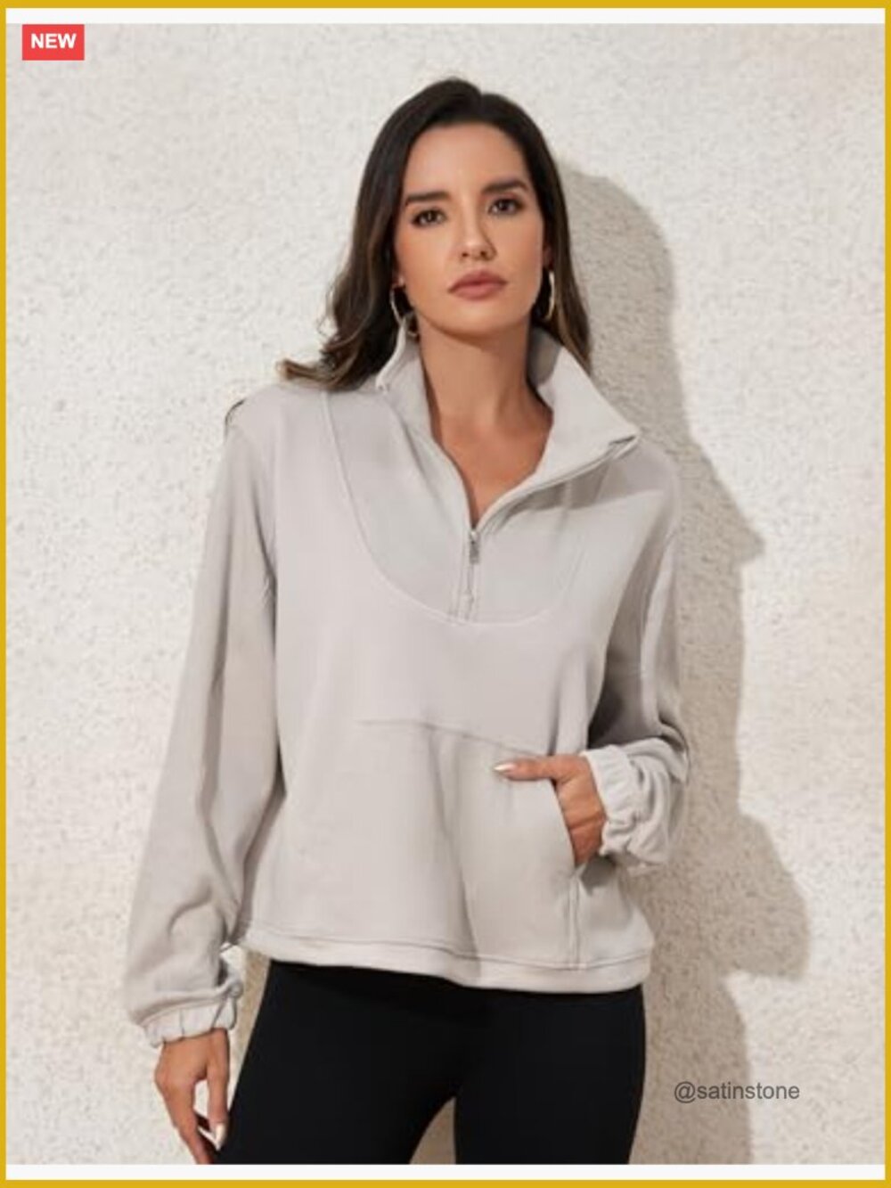 Ribbed Half Zip Cropped Sweatshirt with Pockets - Picture 5 of 6